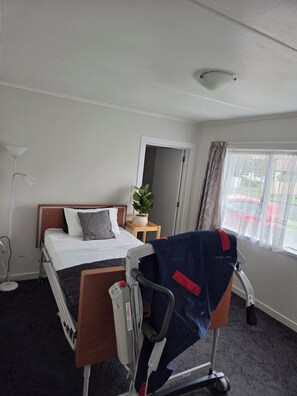 A hospital room with a bed, a bedside table with a plant, a wheelchair, and a window with curtains.