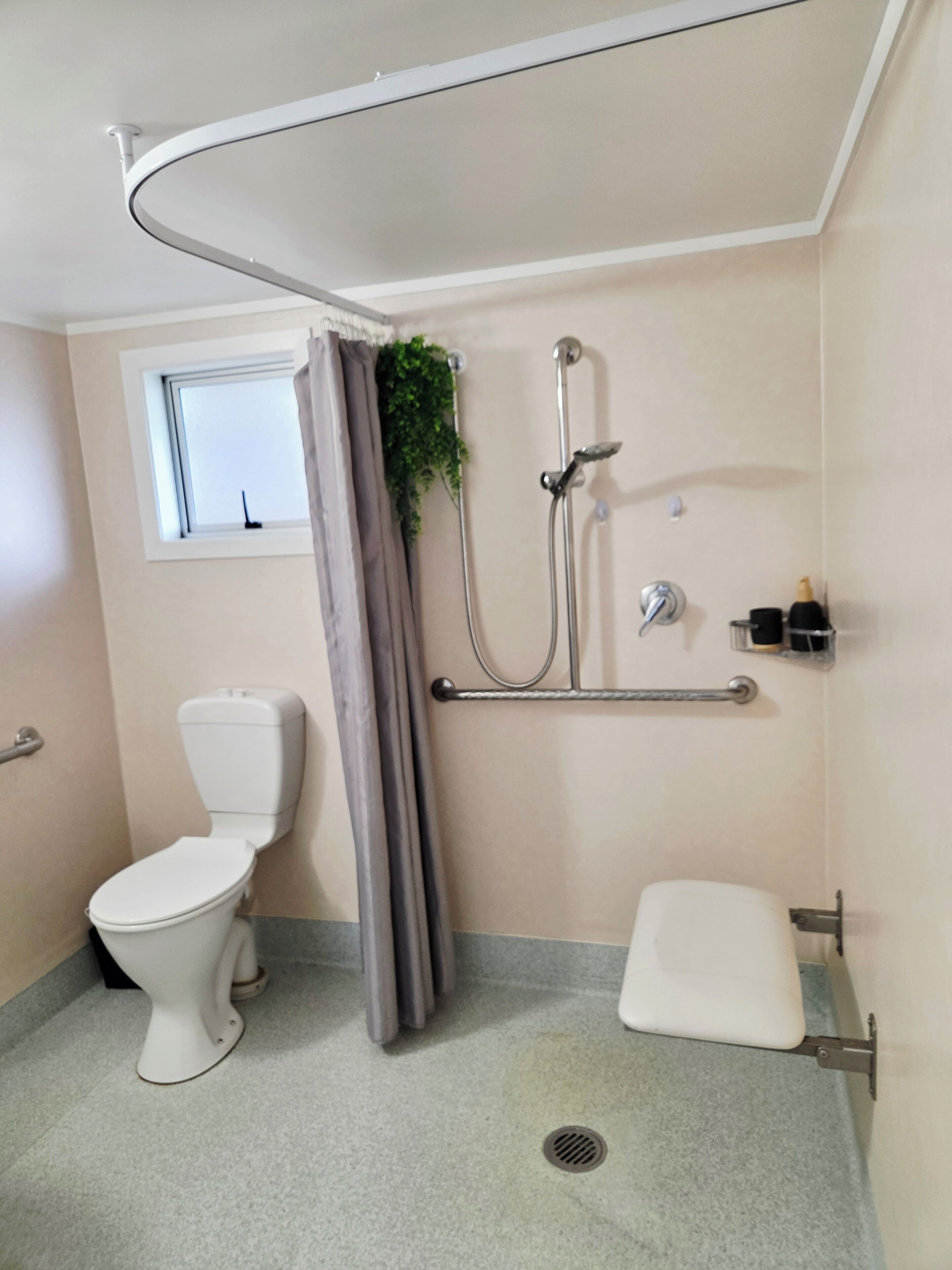A bathroom with a toilet, a shower with a glass door, a window, and a plant.