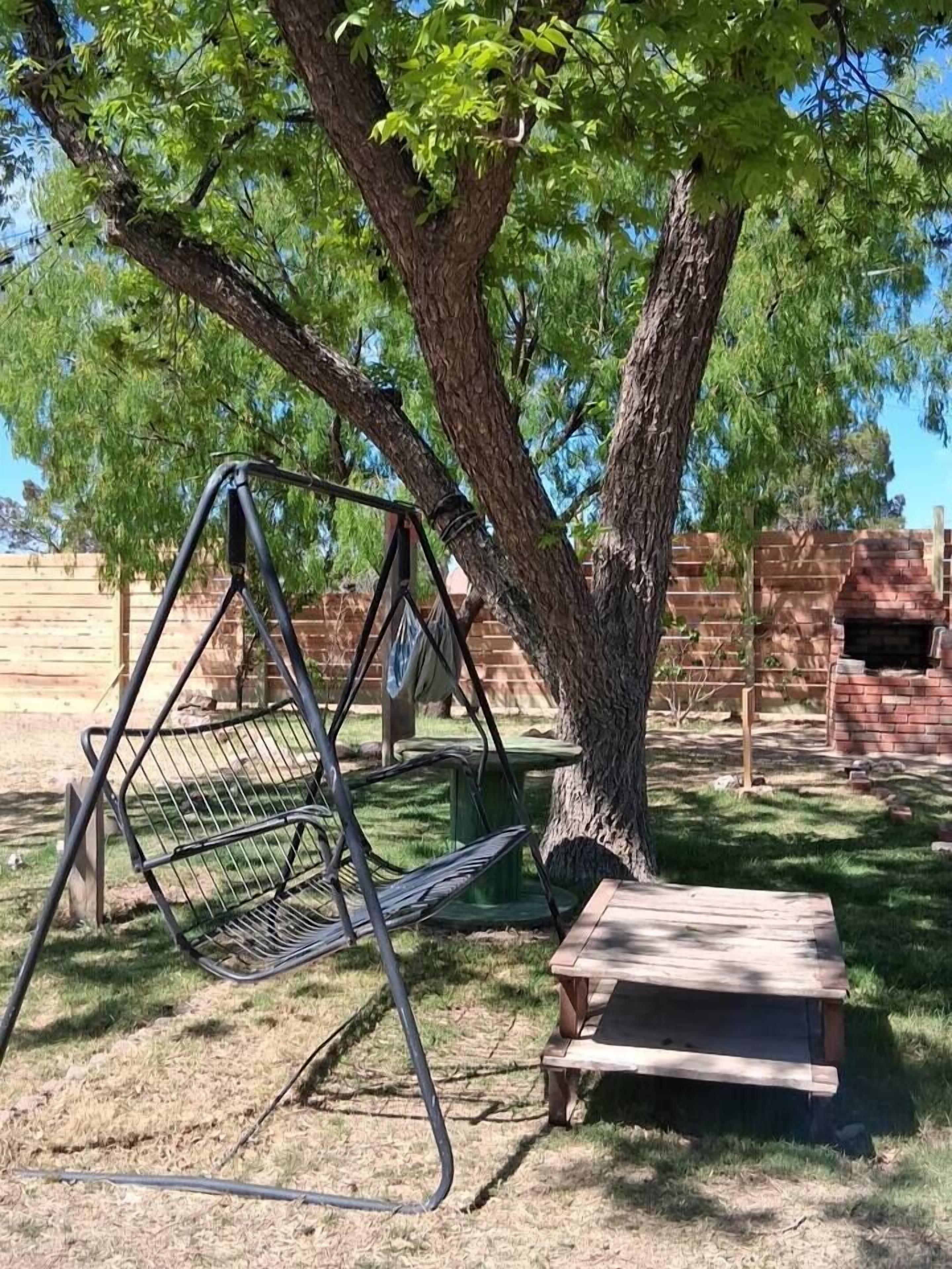 A tree with a swing set and a picnic table in a grassy area.