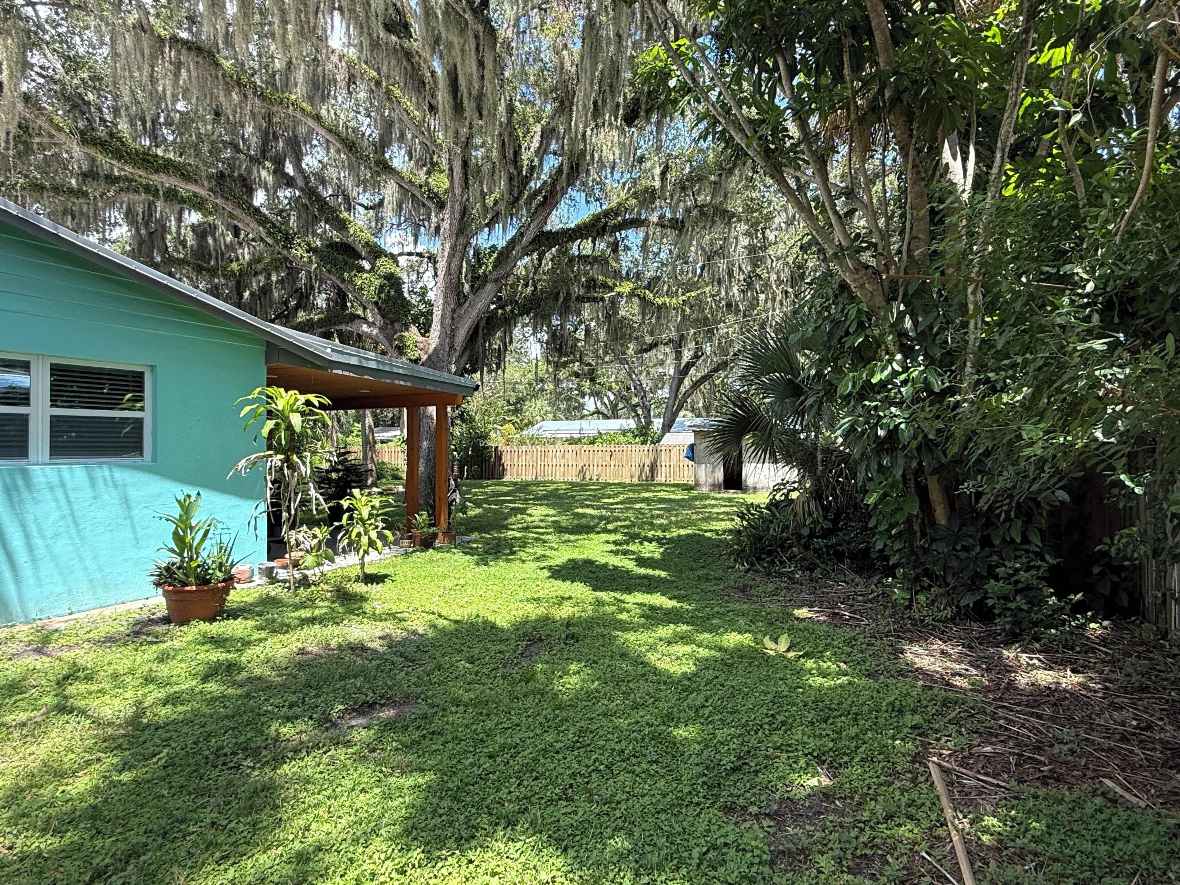 A backyard with a house, a wooden pergola, and a variety of plants.