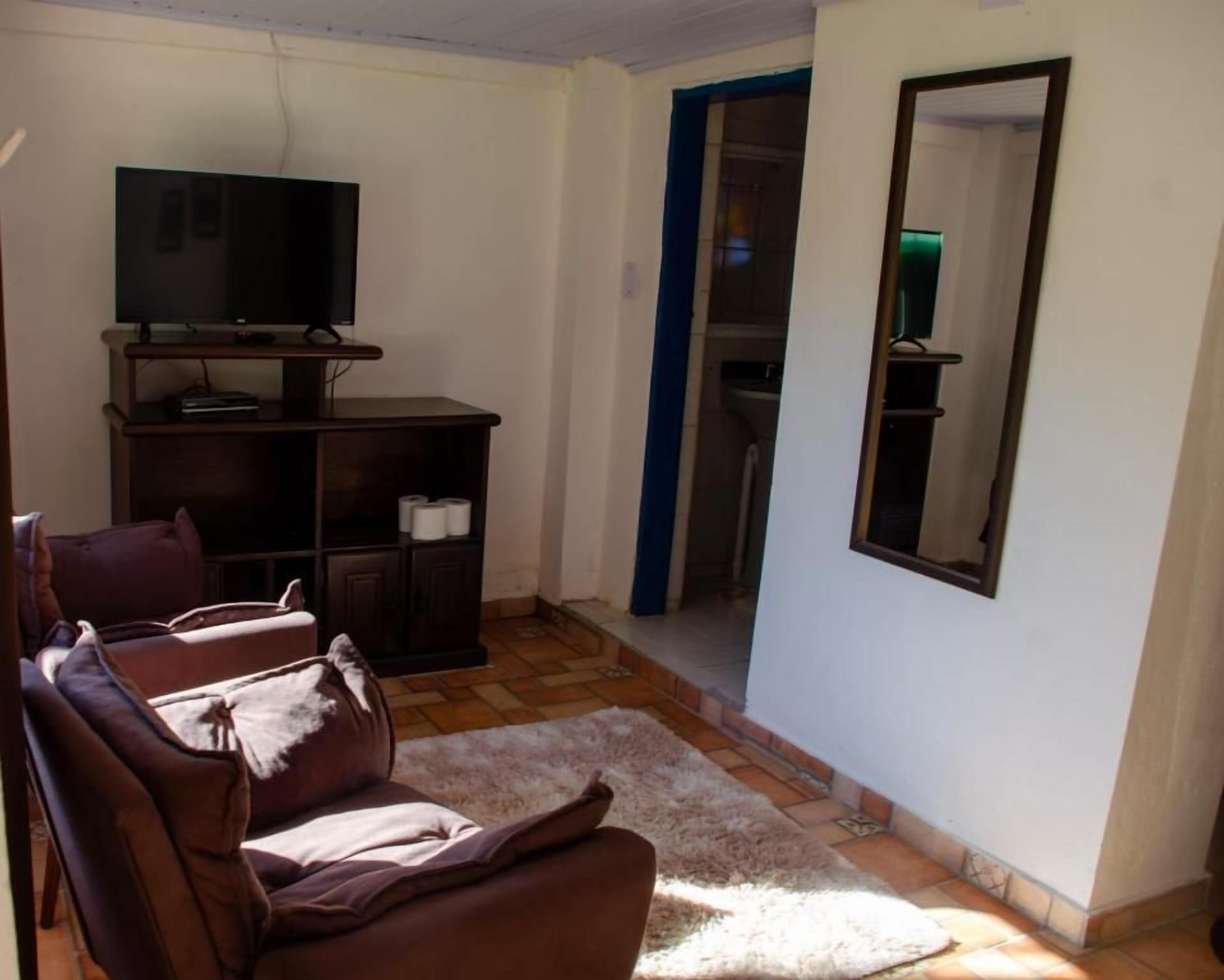 Una sala de estar con televisor sobre un mueble bajo, un sofá, un tapete y un espejo en la pared.