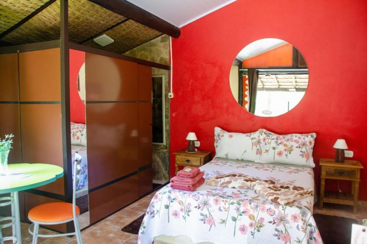 Una habitació amb un llit, un mirall rodó, una taula amb caires i una petita planta.
