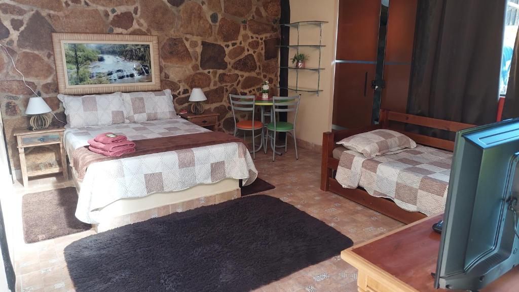 Una habitación con una cama, una mesita, sillas, un televisor y una pared de piedra.