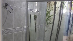 A bathroom with a glass-enclosed shower, a toilet with a roll of toilet paper, and a small rug on the floor. - Pousada Estância Vip (Cunha)