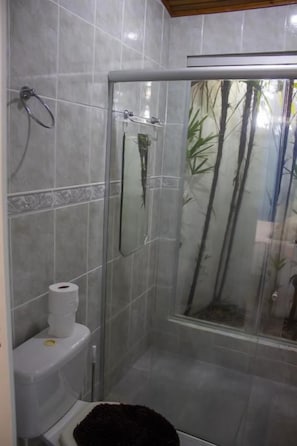 Un bany amb dutxa tancada per vidre, un vàter amb un rotlle de paper higiènic i una catifa petita al terra.