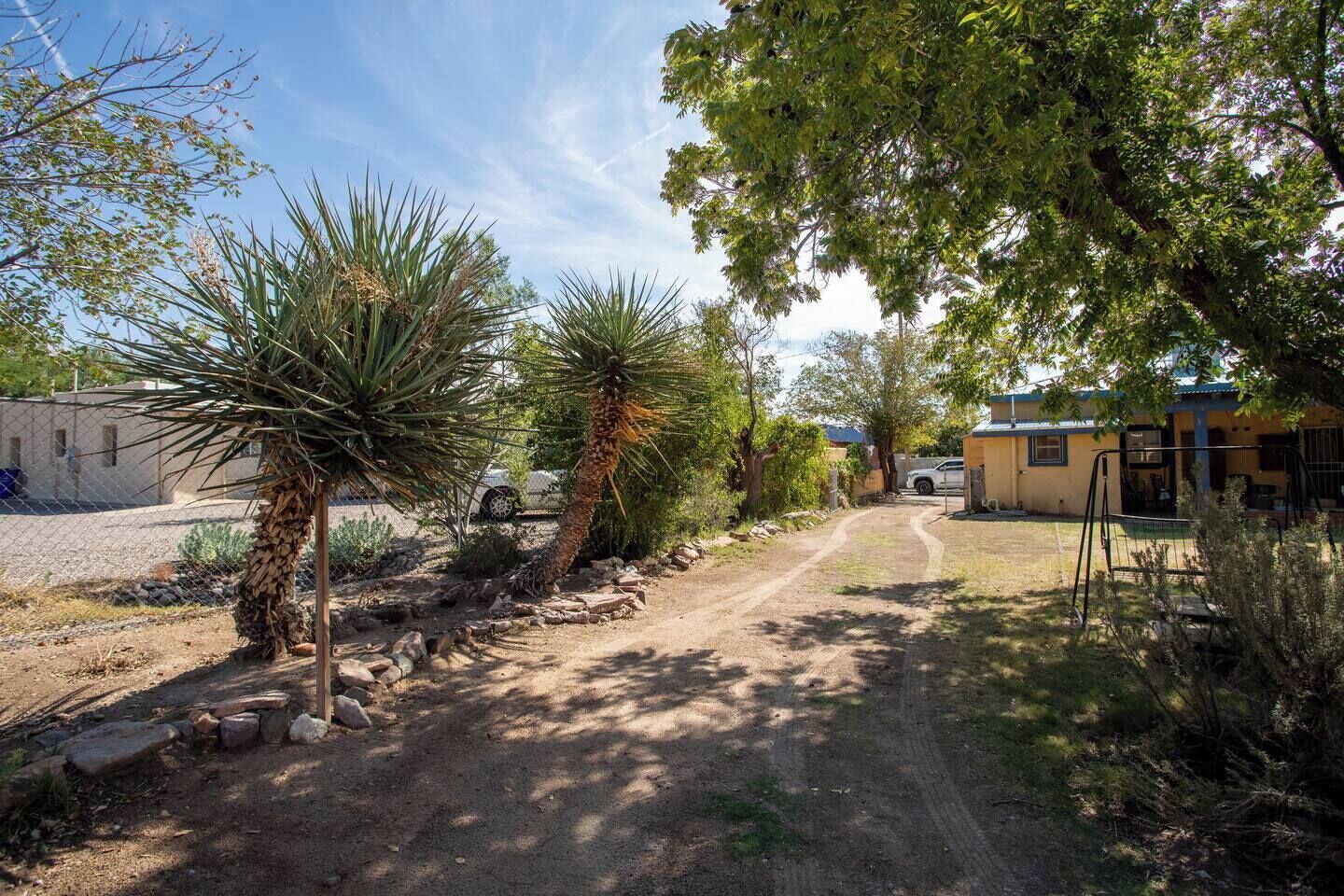 A dirt path leading to a building with a blue roof, surrounded by various plants and trees.