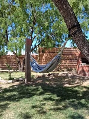 A hammock tied between two trees in a grassy area with a brick wall in the background.
