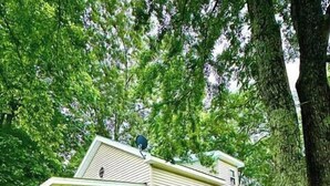 A single-story house with a porch, surrounded by trees. - Tennessee River Cabin - Loft, Grill & Lake Access (Waverly)