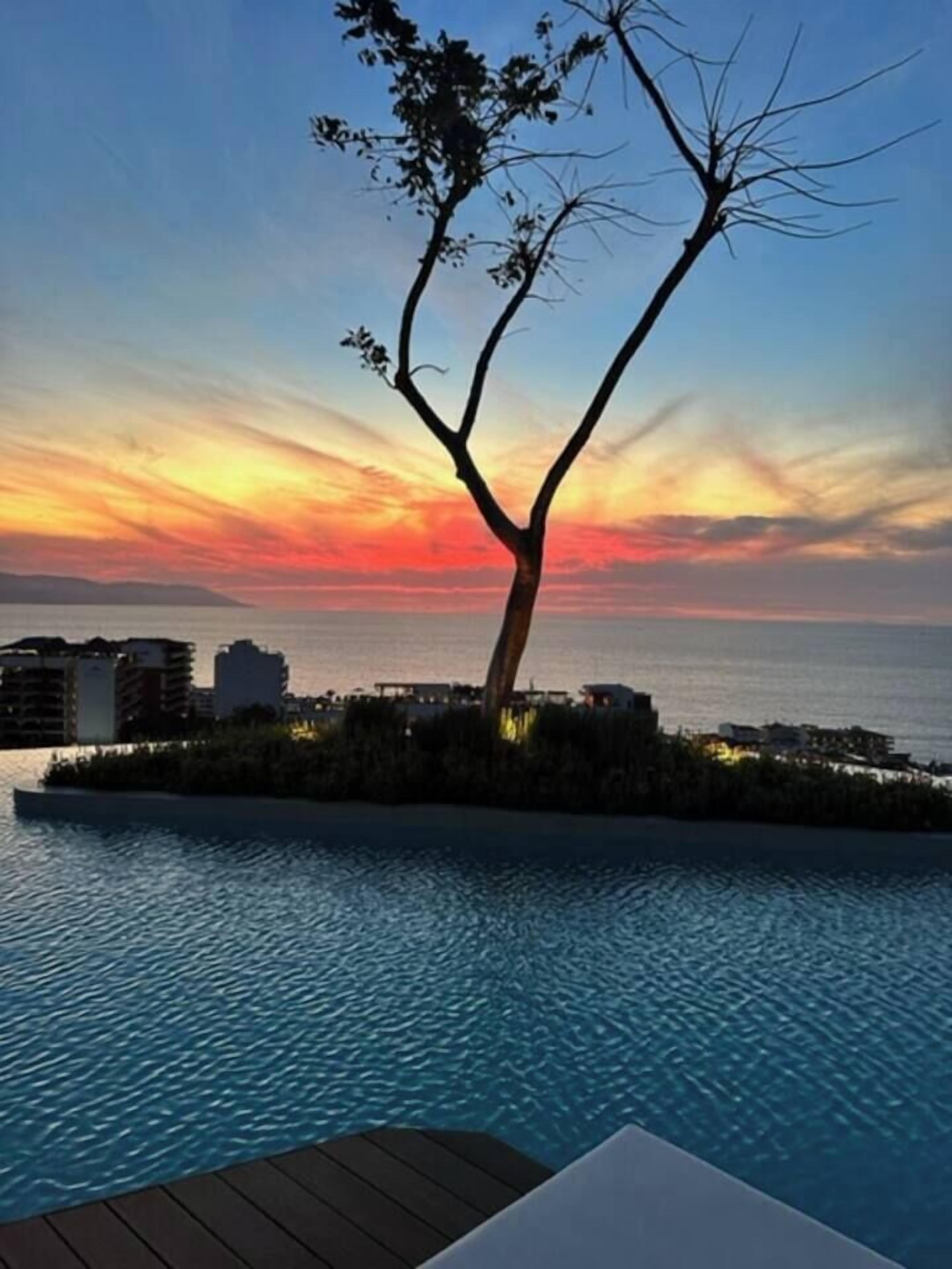 Une vue sur le coucher de soleil au-dessus d’une piscine, avec un arbre au premier plan.