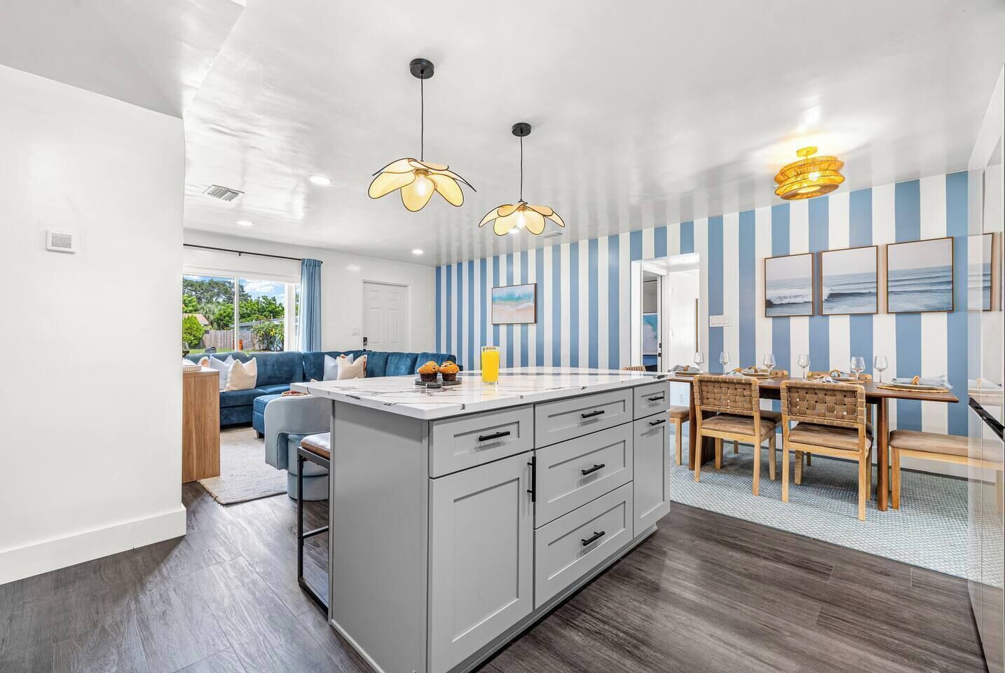 Kitchen & Dining: Bright blue hues and chic decor invite culinary adventures and shared meals!