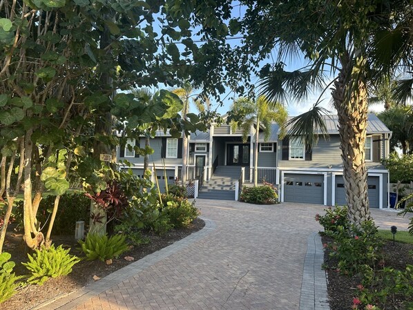 A residential area with a paved driveway leading to a row of houses, surrounded by lush greenery and palm trees.