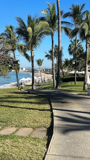 A coastal walkway lined with palm trees, a grassy area, and a view of the ocean and beach facilities. - Pueblo Bonito Emerald Bay Resor, Mazatlan (Mazatlán)