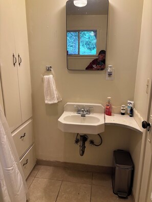 A bathroom with a sink, mirror, and a window.