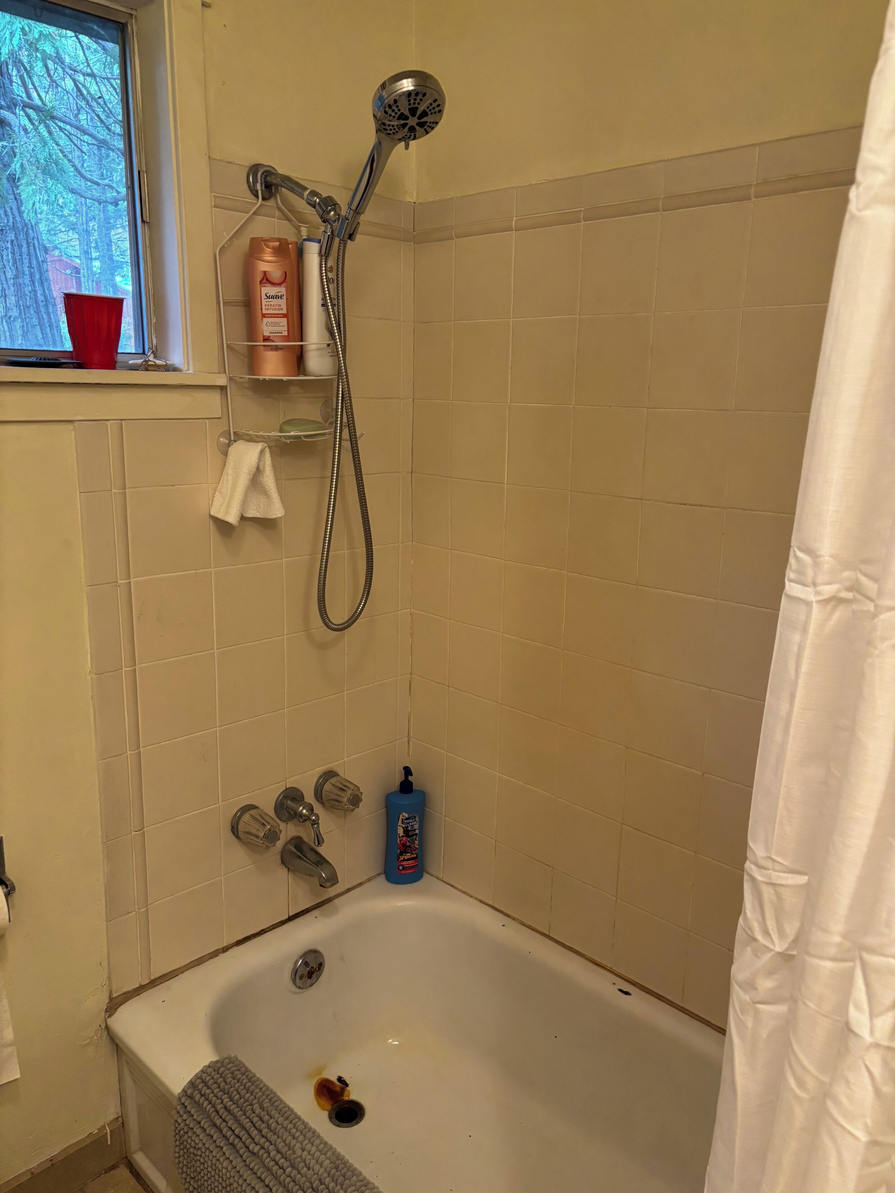 Un baño con bañera, ducha y ventana con vista a árboles.