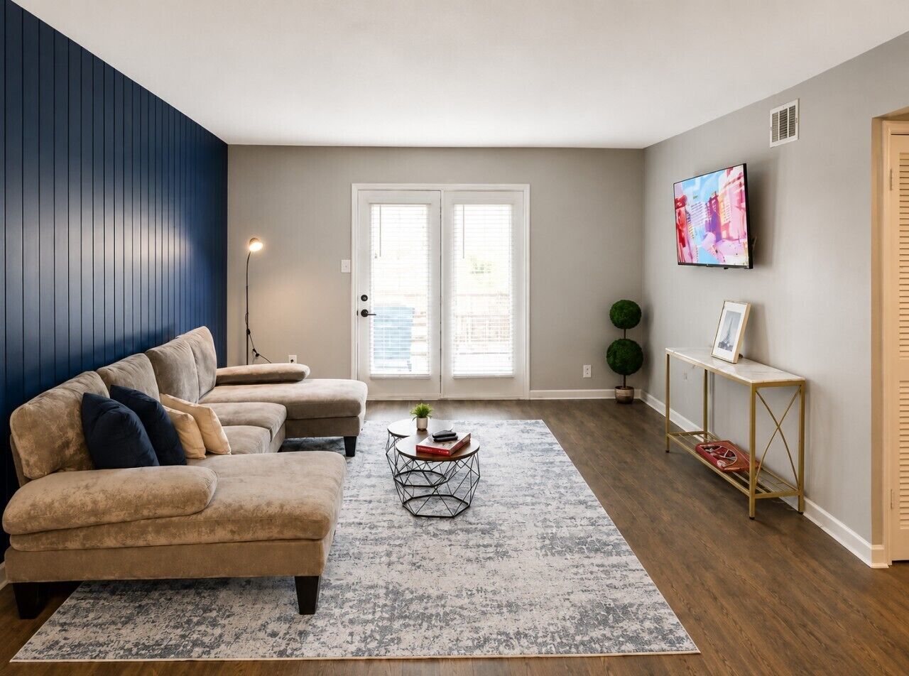 A living room with a sofa set, a coffee table, a TV, and a door with a view.