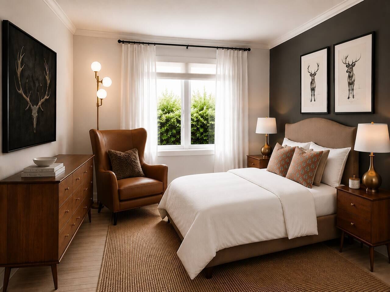 Een slaapkamer met een bed, een stoel, een dressoir, een lamp en een raam met gordijnen.