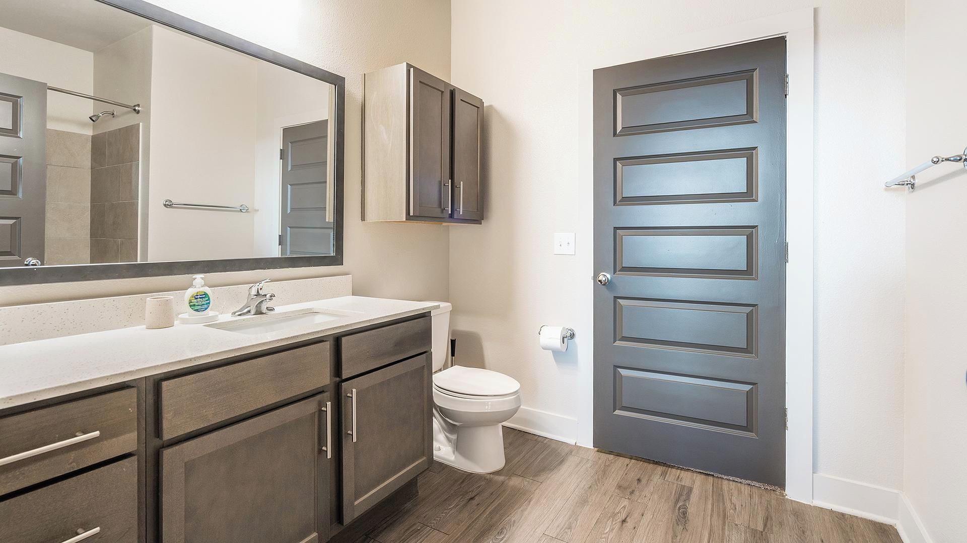A bathroom with a sink, mirror, cabinet, toilet, and a door with a geometric design.