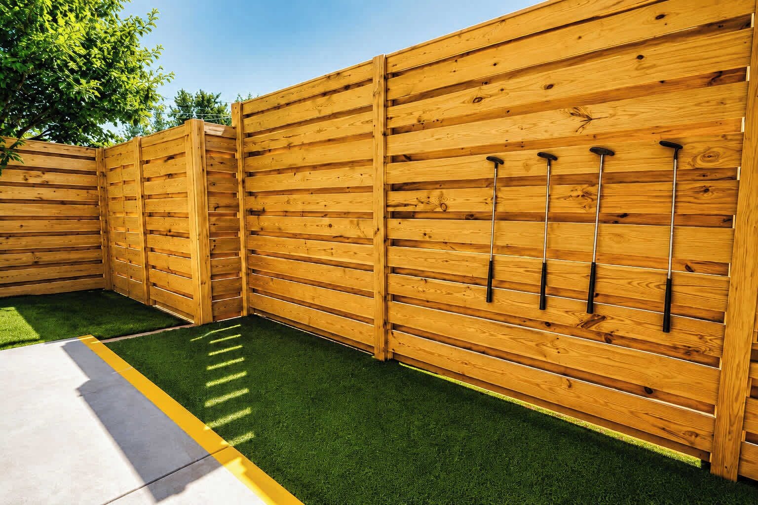 Un panel de madera con una estructura metálica vertical, posiblemente para seguridad o privacidad.