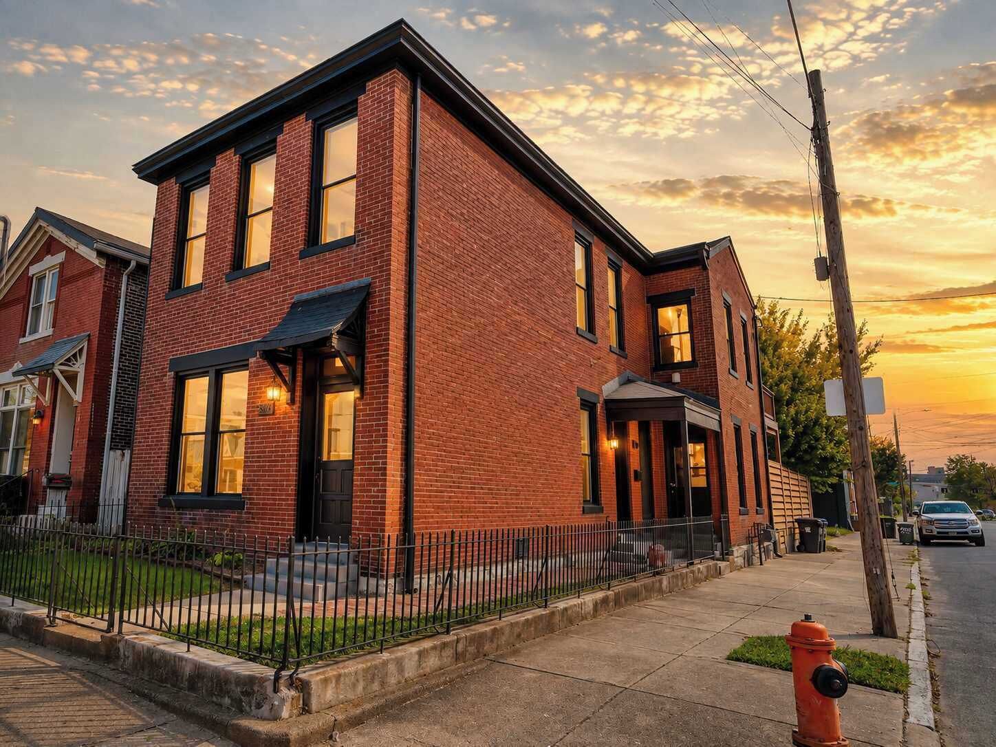 A two-story brick building with a black awning over the entrance, a fire hydrant on the sidewalk, and a street in the background.