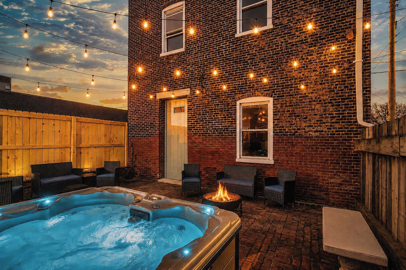 Un bâtiment en briques doté d’un jacuzzi et d’un espace salon extérieur.