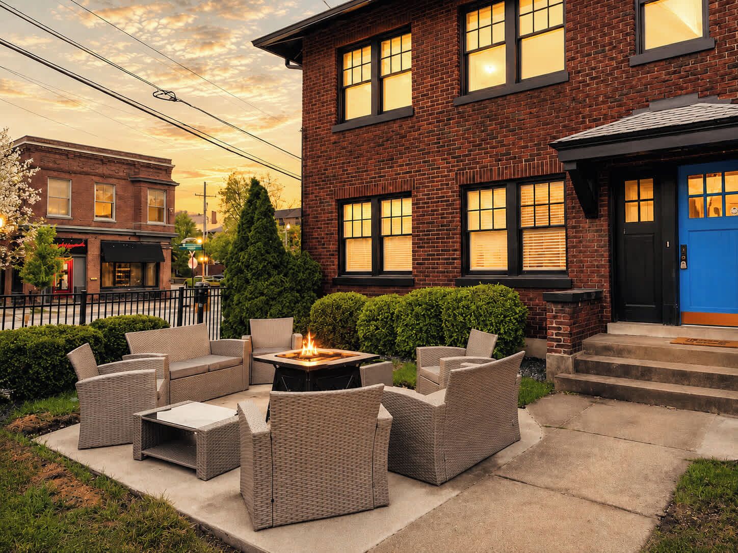 A brick building with a blue door, outdoor seating with wicker furniture, and a fire pit.