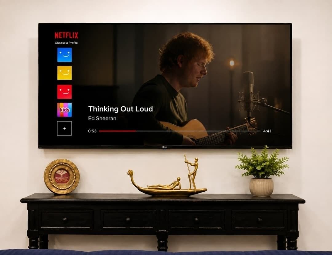 A television displaying a music video with a person playing a guitar.