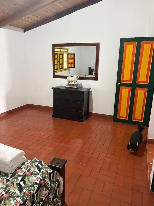 Une pièce avec un sol carrelé, une commode avec un miroir, une porte ornée de motifs géométriques et un chien.