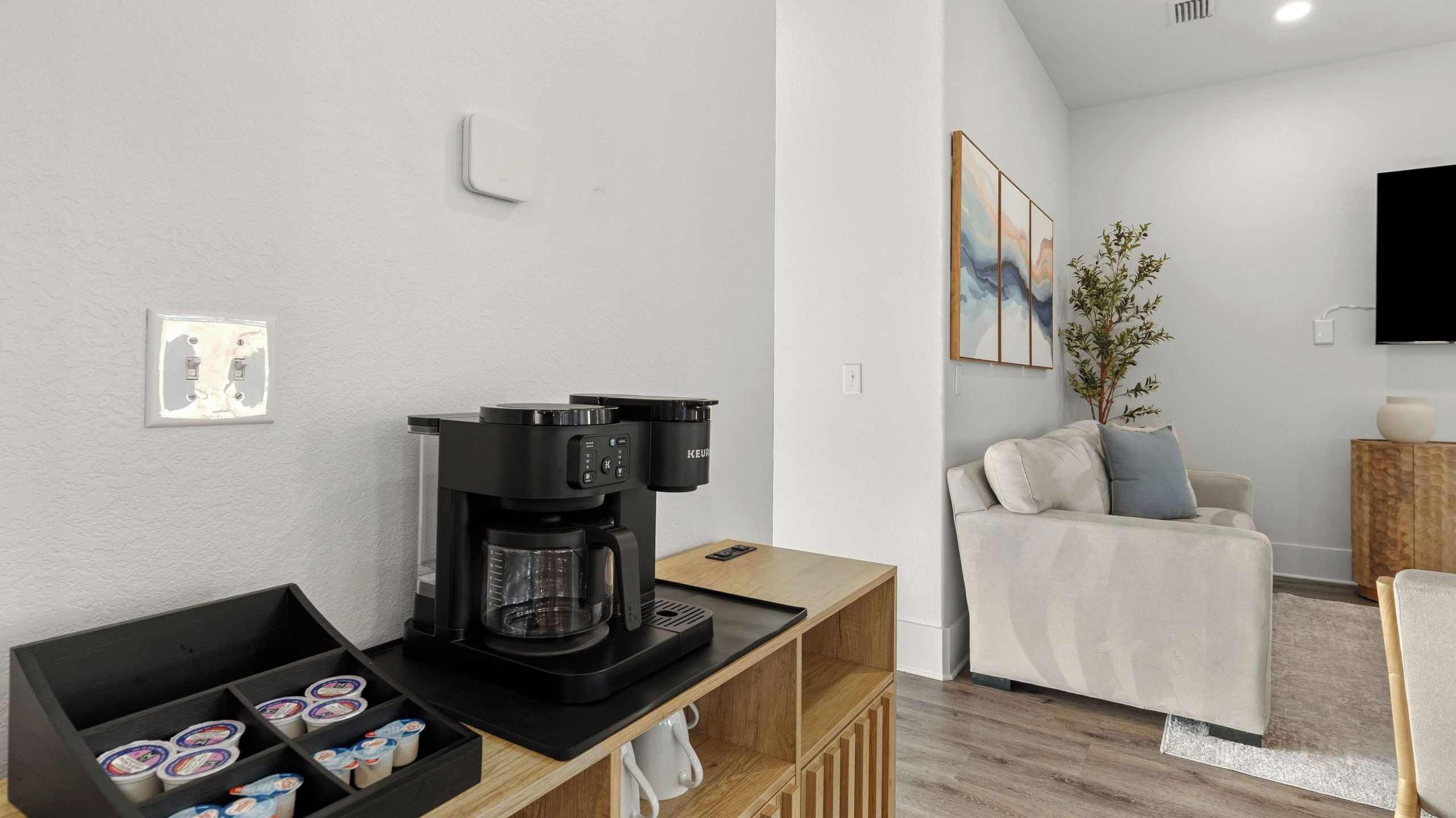 A modern living room with a coffee machine, a sofa, a TV, and a plant.