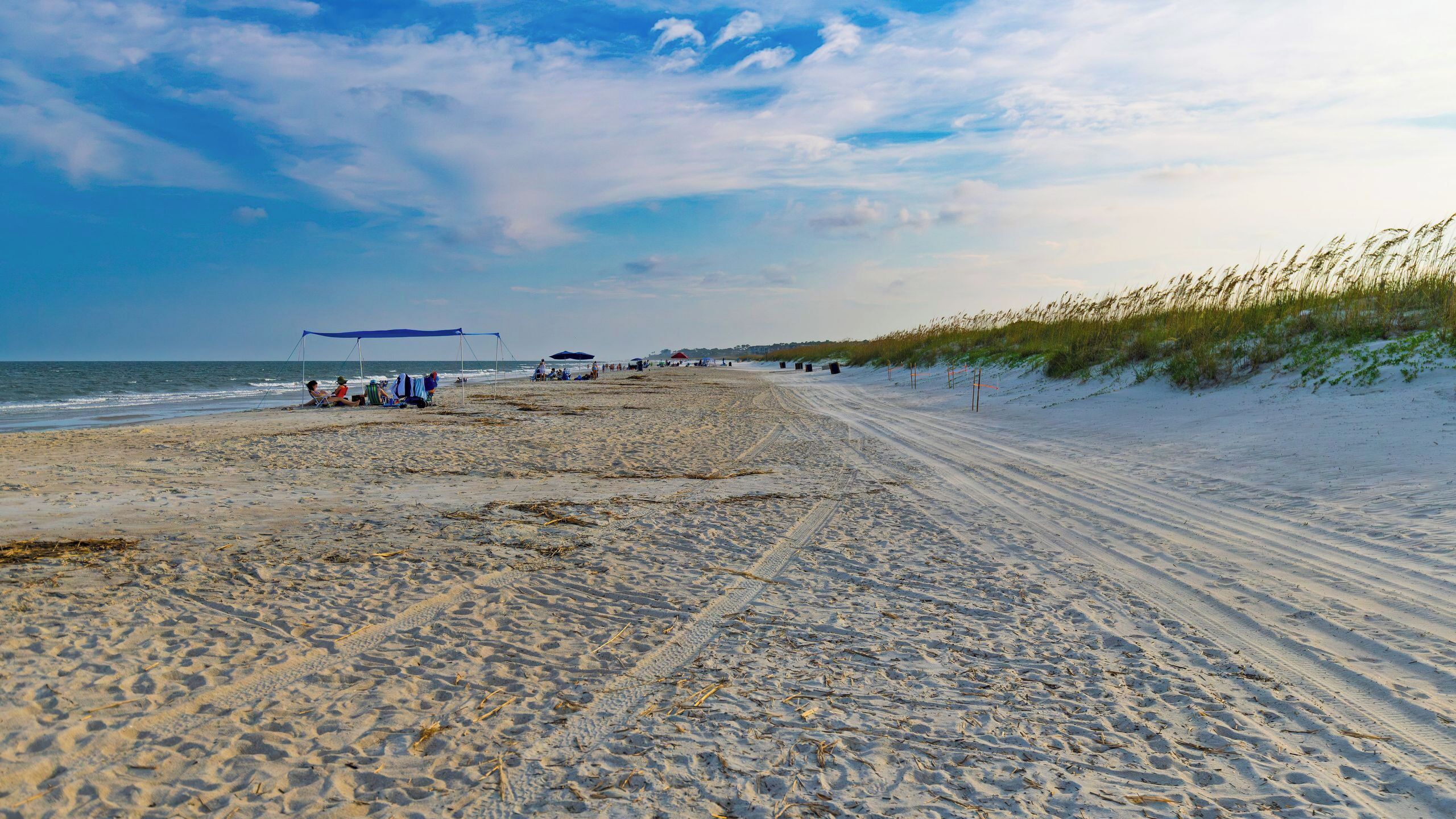 A beach with a sandy path, beach umbrellas, and people relaxing.