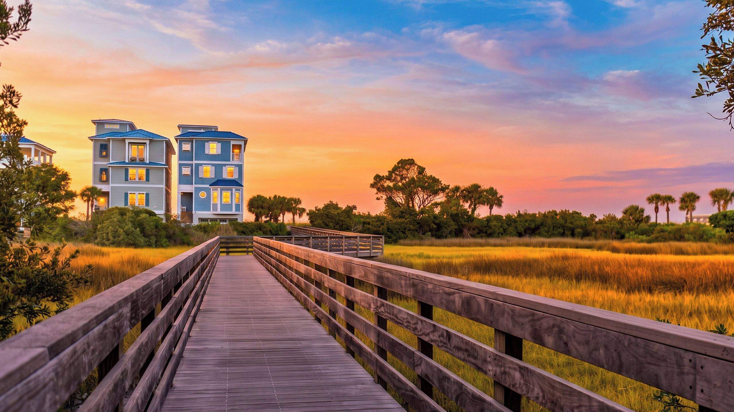A wooden boardwalk leading to a building with multiple windows and balconies, surrounded by a natural landscape with trees and a sunset sky.