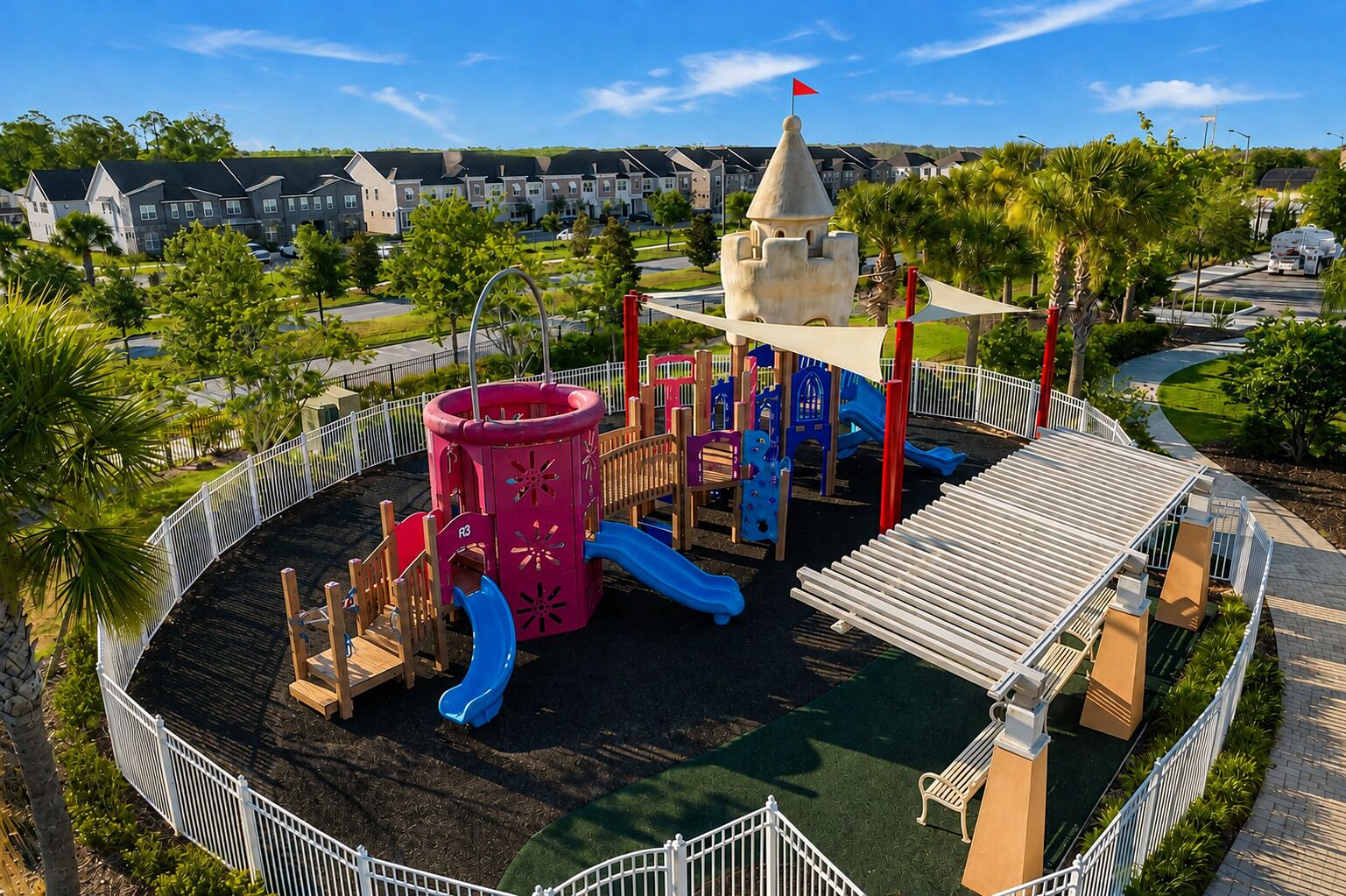 Un parque infantil con toboganes y una estructura que se asemeja a un castillo, rodeado por una valla y palmeras.