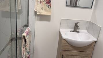 A bathroom with a glass shower enclosure, a wooden cabinet with a sink, and a mirror on the wall.