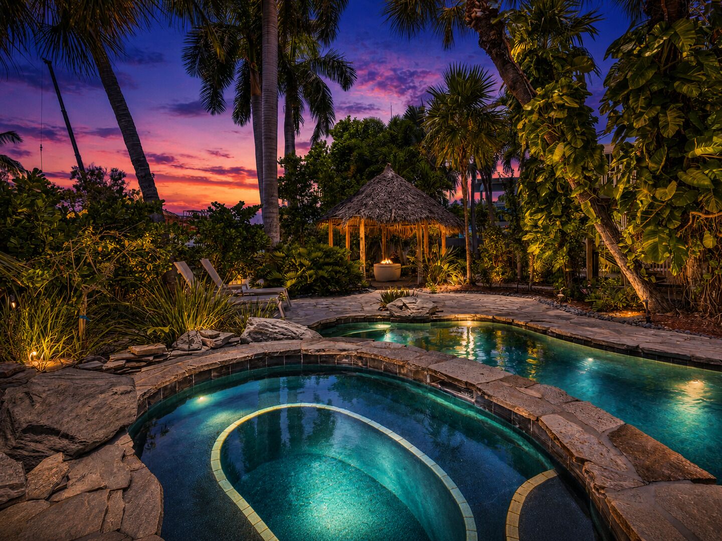 A pool area with a thatched-roof gazebo, surrounded by palm trees and tropical vegetation.