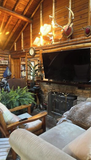 A cozy cabin interior with a fireplace, comfortable seating, and a television. - GORGEOUS Lakefront Log Home 3-bedrooms tucked into serene woods by Gaylord (Gaylord)