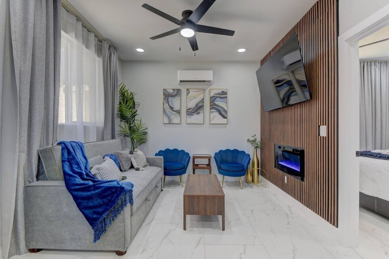 Een televisie, een open haard en een filmbibliotheek