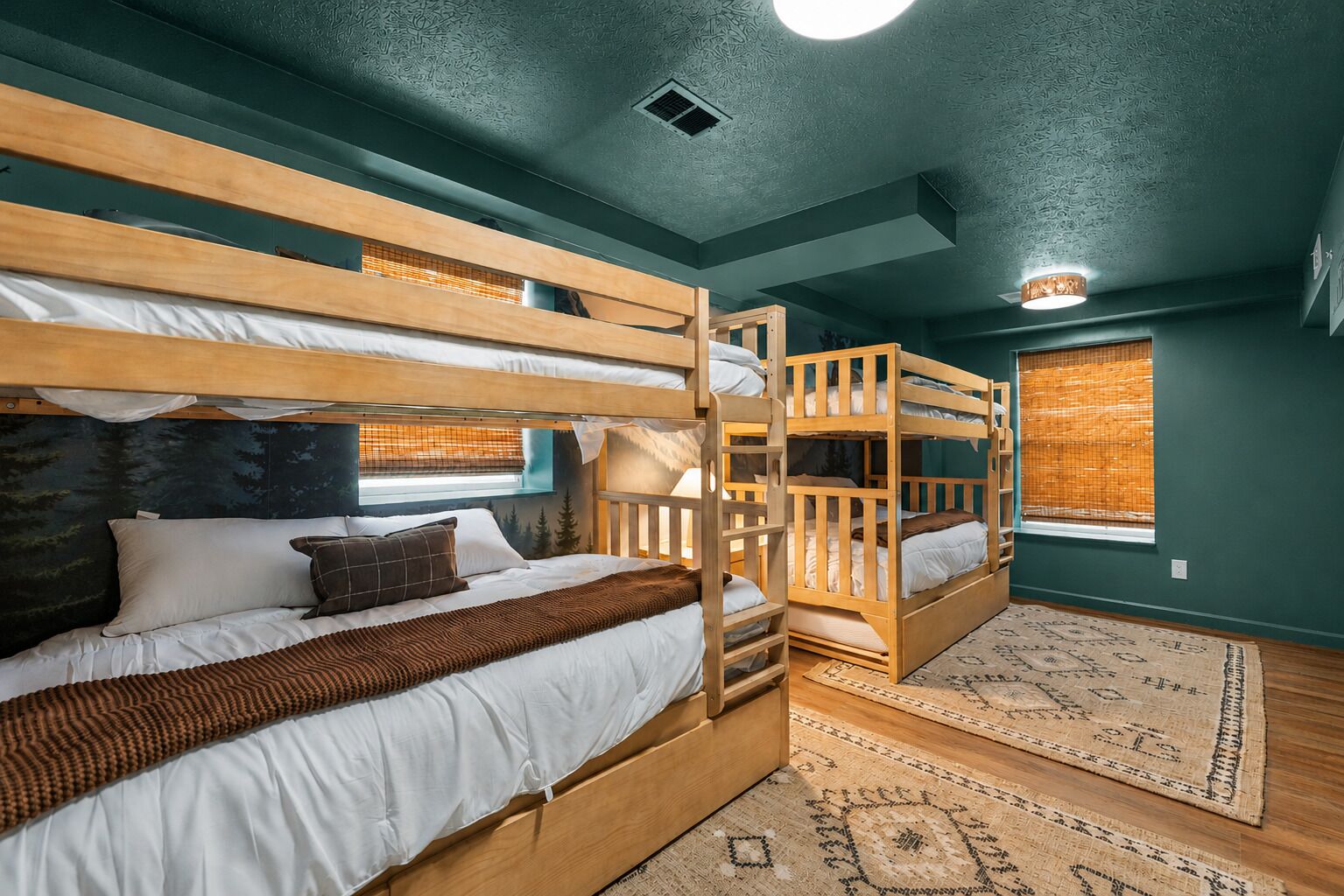 Habitación con literas, ventana, luz de techo y alfombra estampada.