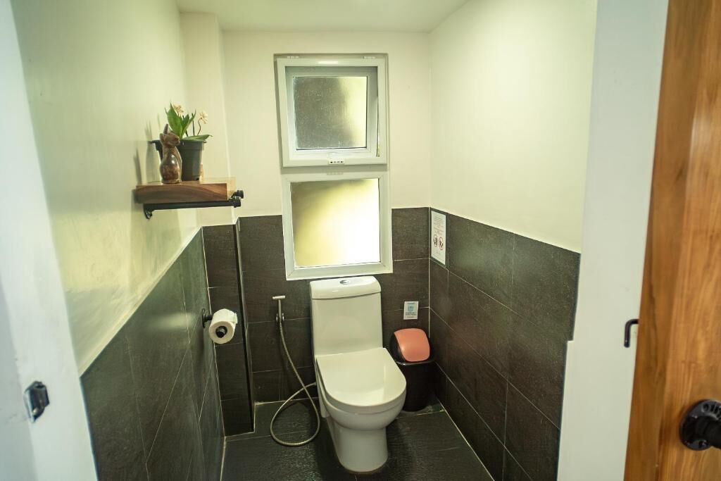 Une petite salle de bain avec des toilettes, une étagère avec des plantes, une fenêtre et une porte.