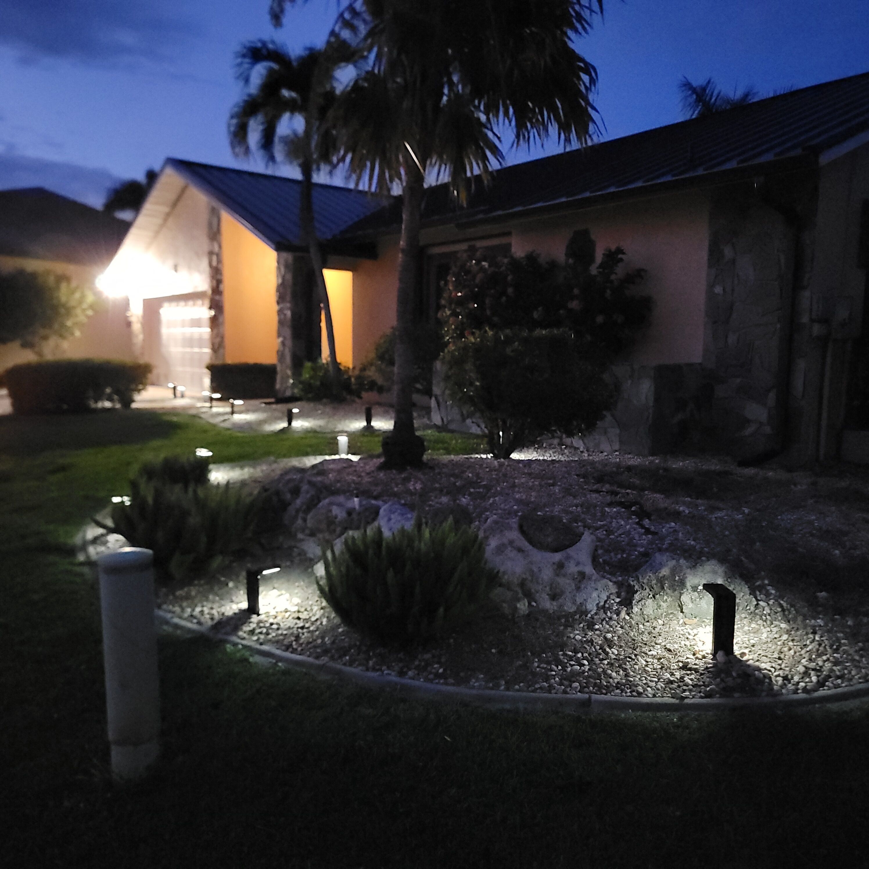 A nighttime view of a residential area with a house, palm trees, and a well-lit garden.
