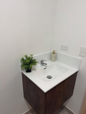 A bathroom with a white sink, a small potted plant, a soap dispenser, and a wooden cabinet. - Vrbo Property (Jesús María)