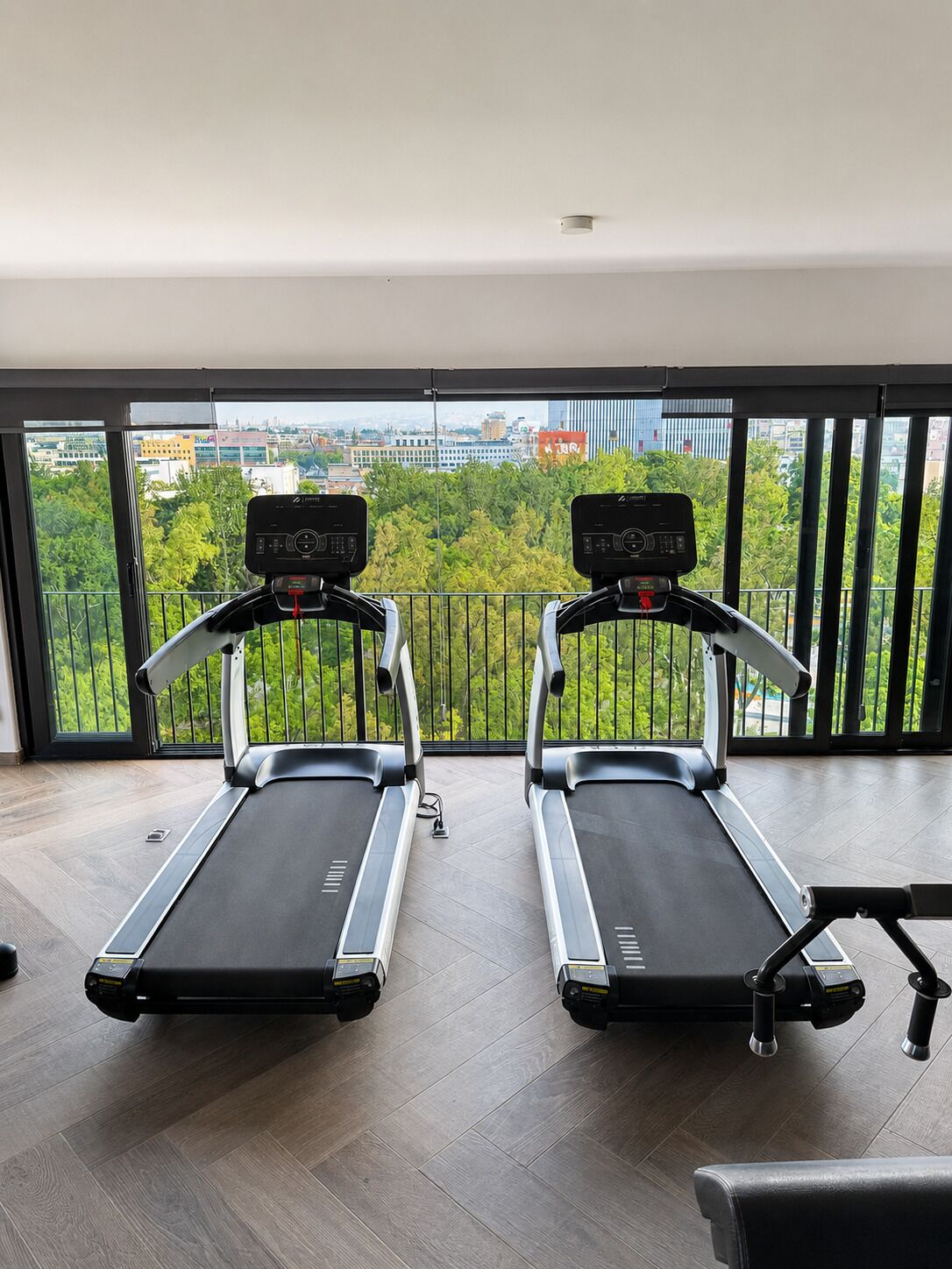 A pair of treadmills in a room with a large window overlooking a cityscape.