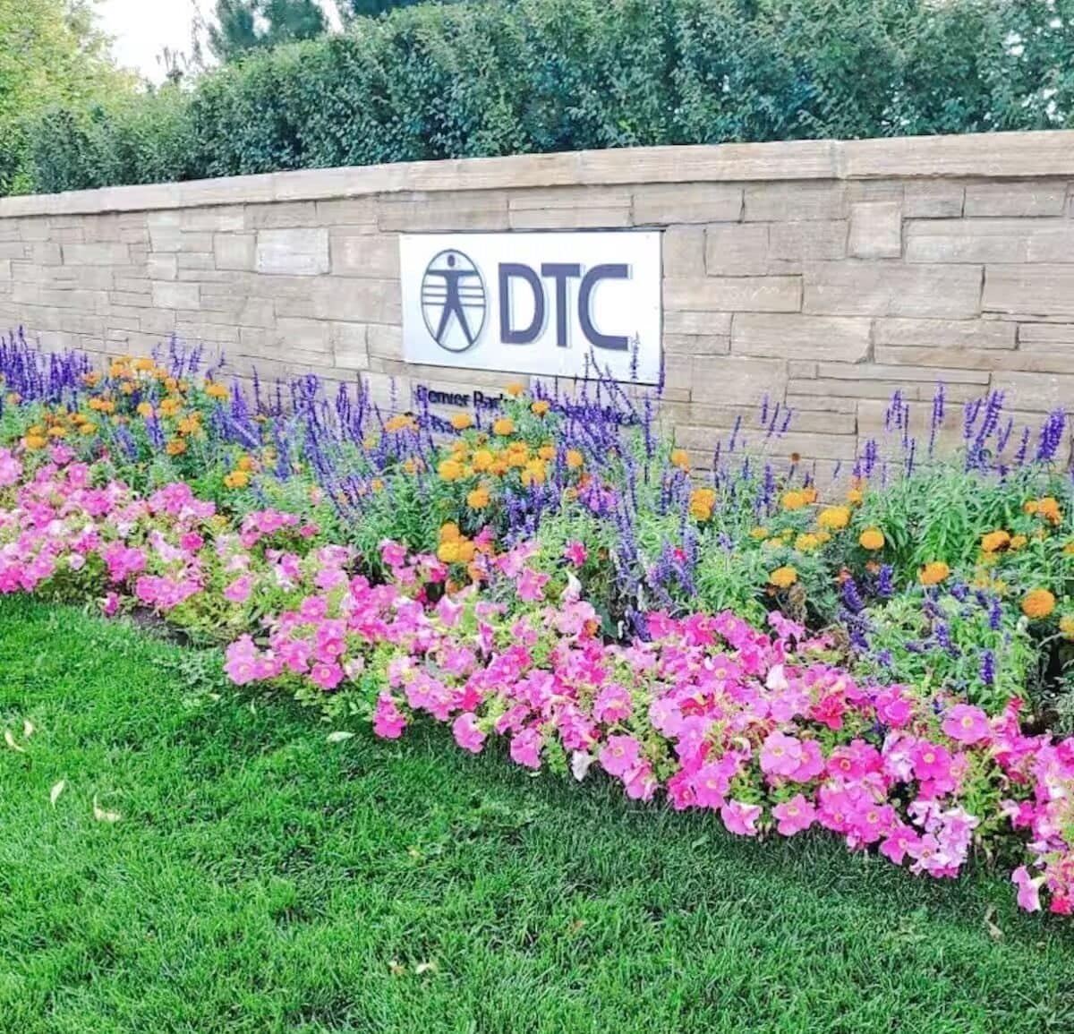 A DTC sign on a stone wall with a flower bed in front.