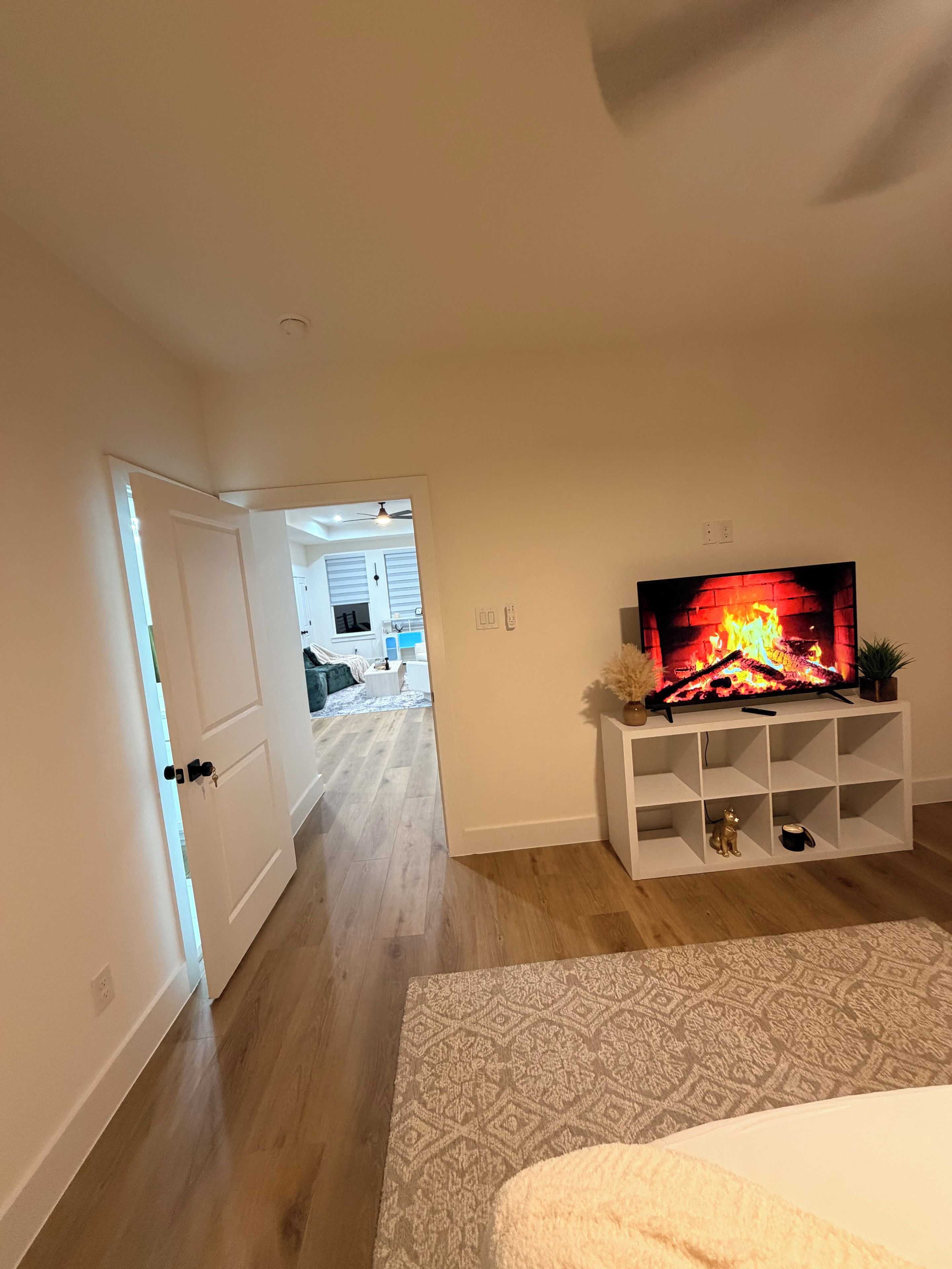 Une pièce avec un téléviseur diffusant une image de feu, un meuble de rangement blanc et un tapis à motifs.