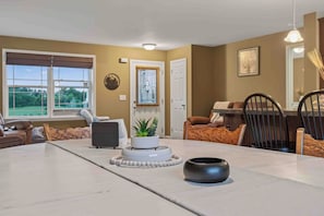 Un coin repas comprenant une table, des chaises, une plante en pot et une porte.