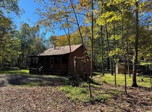 A cabin with a porch, surrounded by trees and a clear sky.