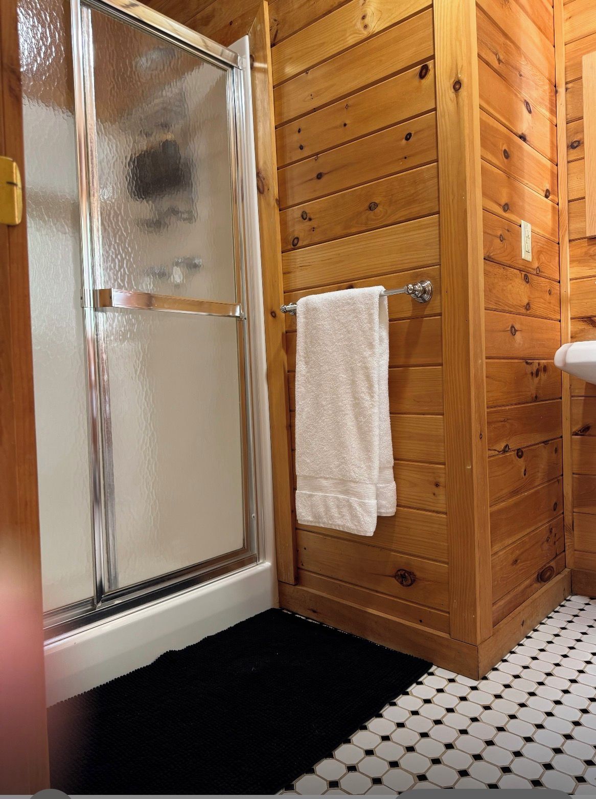 A wooden interior with a glass door leading to a shower area, a white towel hanging on a rack, and a black mat at the entrance.