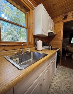 A wooden cabin interior with a kitchen area featuring a sink, cabinets, and a window overlooking a forest.