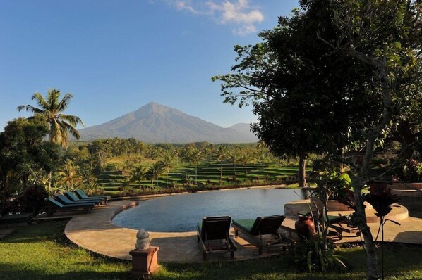 A pool area with lounge chairs, a view of a mountain, and a landscaped garden. - Ijen Resort (Banyuwangi)