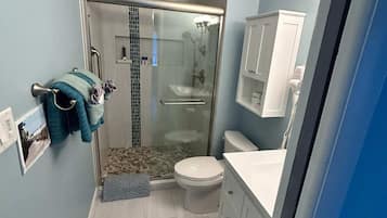 A bathroom with a glass-enclosed shower, a toilet, and a sink.