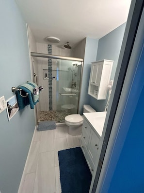 Un bagno con doccia vetro, toilette e lavandino.