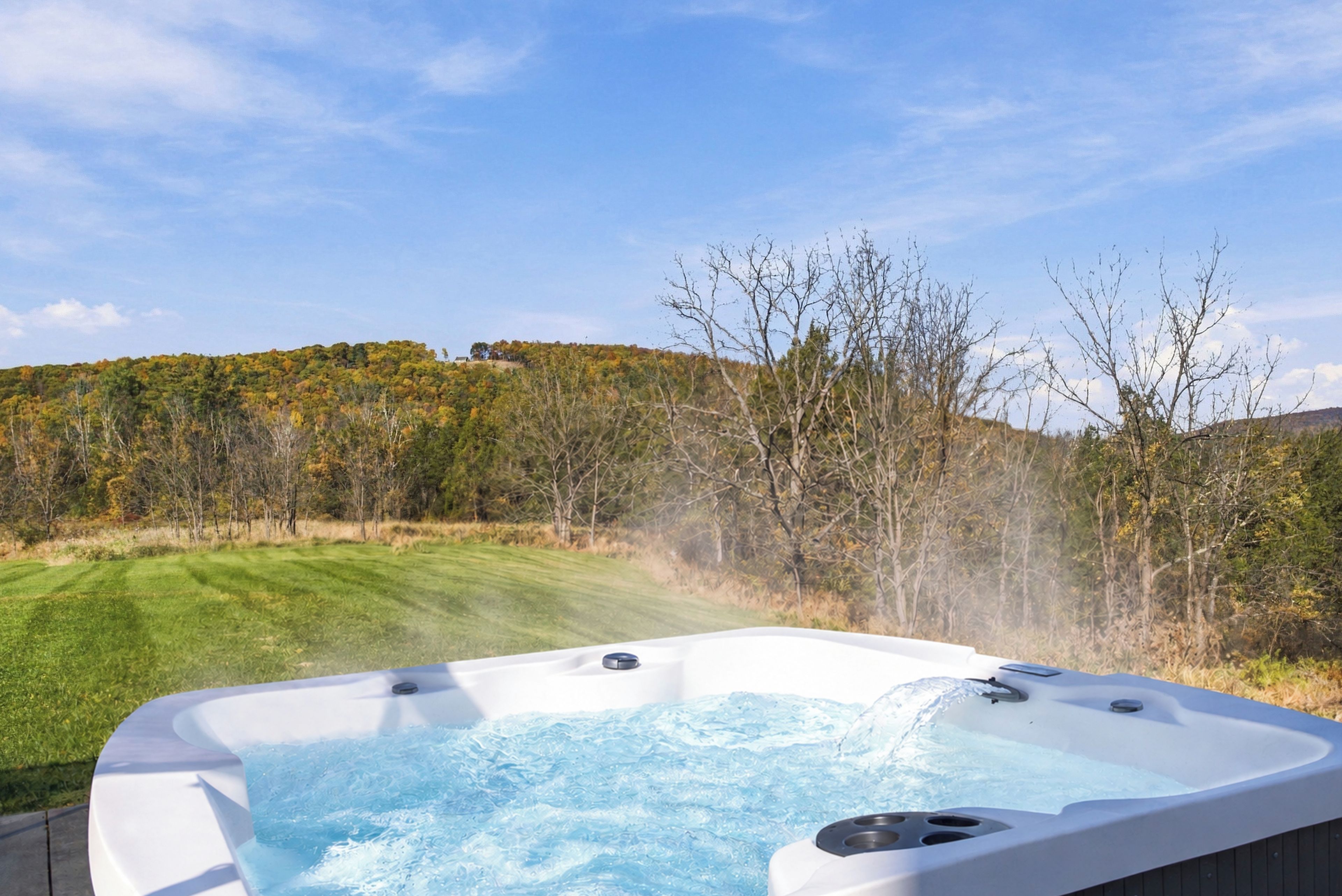 A hot tub with a clear view of a grassy field and trees in the background.